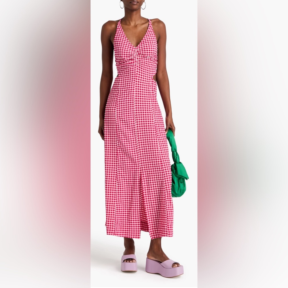 Ruched gingham stretch-seersucker maxi dress